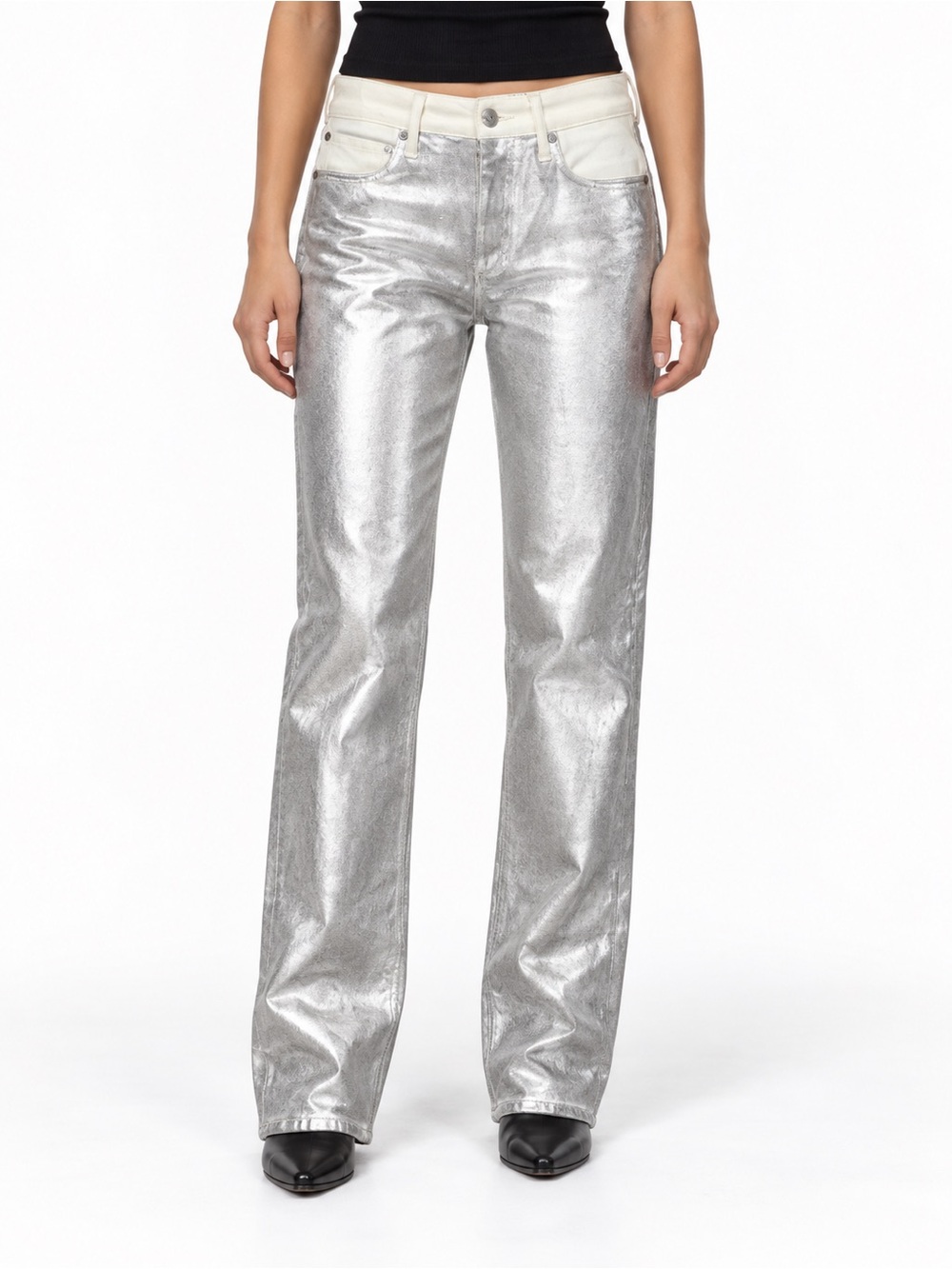 rag & bone Harlow Coated Silver Metallic Straight Leg Jeans Sz 25 NWT
